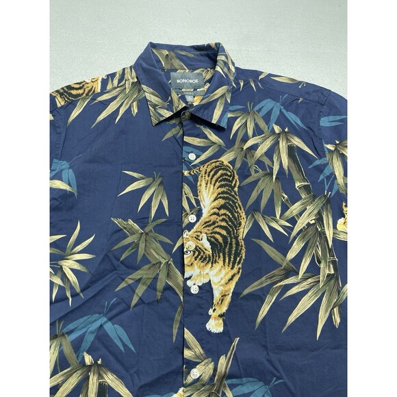 Bonobos Shirt Men's Medium Tiger Print Bamboo All over Print Blue Hawaiian - Picture 2 of 9